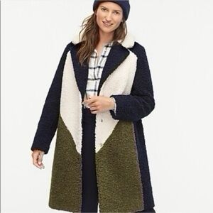 J.Crew Women’s Teddy Sherpa Colorblock Thick Coat Green Ivory Navy Blue XXS